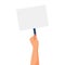 A woman\\\'s hand with a manicure holds a sign with an empty space for text. Template for protest, voting, evaluation, message,
