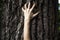 The woman`s hand move on the tree. Can be used in the scary design in horror. A female hand with long nails against a dark