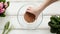 A woman's hand placed a coconut substrate in a glass bowl on a wooden white background, with plants and small garden