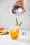 Woman`s hand pour of fresh cold peach drink of silver shaker in glass with ice cubes, green rosemary, fruit slices, ingredients.