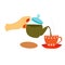 woman\\\'s hand pours herbal, fragrant and hot tea from blue teapot into red mug on saucer. Brewing tea. Top vector