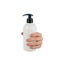 A woman's hand sticks out of a hole in a white background and holds a skin lotion pump.