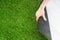 Woman`s hand unwinds a roll of artificial turf.