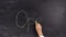 A woman`s hand writes the word OPEN on a chalkboard with green chalk