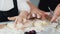 Woman`s hands forming homemade pancakes from dough