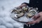 Woman\\\'s hands hold a plate of fresh oysters on crushed ice, generative AI