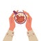 Woman`s hands holding cup of tea, coffee or cocoa. Top view of hot drink