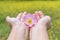 Woman`s hands holding pink gentle flower in nature