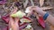 Woman\\\'s hands peeling banana blossoms in the garden