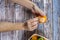 Woman\'s hands peeling tangerine leaving the segments in view on wooden table of blue tones