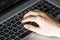 Woman`s hands typing on a computer keyboard, communicate with friend