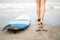 Woman`s legs and surfboard