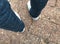 Woman`s legs wear navy blue jeans and white sneakers standing on antique brown brick street