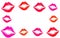 Woman`s lip set.The lip prints of color different women on a white background,Kiss Lips, Girl Mouth. Makeup pattern with colorful