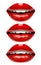 Woman`s lips set with red glossy lipstick makeup on whi
