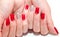 Woman`s nails with beautiful red manicure fashion design with gems isolated