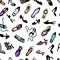 Woman`s shoes seamless pattern. Vector illustration. flats, pumps, heels, wedges, sandals, flatform, mules.