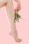 Woman`s unshaven legs on a pink background. Pink flowers is in the hand
