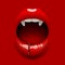 Woman`s vampire open mouth with glossy lips and blood on re