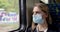 Woman with safety face mask sitting in train and looking through the window. virus pandemic