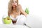 woman with salad on white background