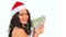 Woman in Santa hat keeps money dollar.