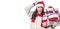 Woman in Santa& x27;s cap and white seater on a white background holds Christmas presents going crazy from the seasonal rush