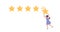 Woman satisfied customer give rating 5 stars. People feedback vector illustration by giving 5 star rating. Flat online