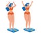 Woman on scale sad and happy. Two girls stand on the scales. Emotions and mood female. Weight loss ideas. Diet. Cartoon flat style