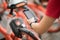 Woman scanning the QR code of shared bike