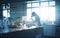 Woman scientist in a bright and sunny laboratory working at desk with glass tubes wearing mask