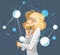 Woman scientist discovering micro elements such as molecules or atoms vector conceptual illustration, neuroscience allegory,