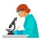 Woman scientist looking through microscope and writing. Vector