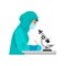 Woman scientist in potective suit and mask looking through microscope. Vector illustration