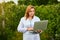 Woman scientist working in fruit garden. Biologist inspector examines blackberry bushes using laptop