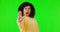 Woman, scream stop and hand gesture on green screen, censored and warning on studio background. Danger, female person