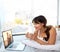 Woman, screen and laptop with smile in bed for streaming movies and series on website. Female person, home and happy