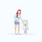 Woman scrubbing toilet with scrub brush housewife doing housework cleaning concept female cartoon character full length