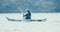 Woman sea kayak. Happy smiling woman in kayak on ocean, paddling with wooden oar. Calm sea water and horizon in