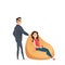 Woman Seat in Beanbag Chair, Man Stand Behind