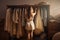 Woman selecting cloth from her wardrobe\\\'s rack, back facing camera. Concept of nothing to wear and getting dressed