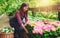 Woman selecting a pink hydrangea at a nursery