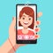 Woman selfie. Beautiful girl taking self photo face portrait on smartphone. Phone camera addiction cartoon vector