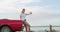 Woman, selfie and car for road trip by beach for wellness, vacation or holiday in Australia. Young person, laugh and