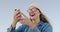 Woman, selfie and outdoor with glasses, happy and excited with post, web blog and wind by sky background. Gen Z girl