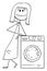 Woman or Seller Leaning Towards or Showing Washing Machine, Vector Cartoon Stick Figure Illustration