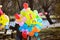 Woman sells colorful balloons in the park. tinted image