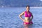 Woman shape beautiful and bikini pink on beach