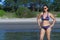 Woman shape beautiful show bikini on beach