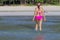 Woman shape huge show bikini pink on beach